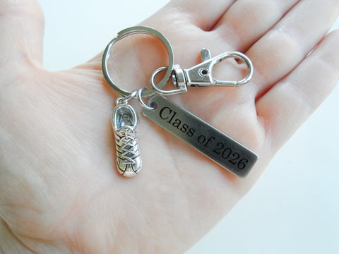 Cross Country Charm Keychain with Running Shoe Charm, Custom Engraved Tag & Swivel Clasp