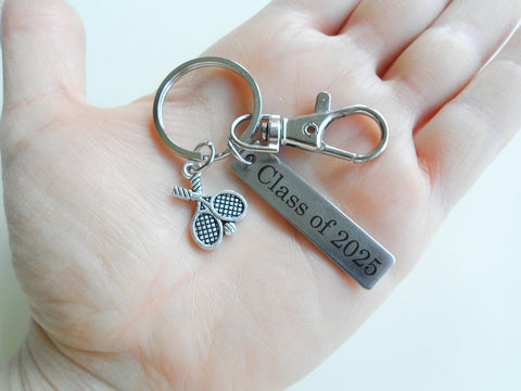 Tennis Charm Keychain with Custom Engraved Tag, Clasp & Tennis Racquets Charm, For Student or Coach