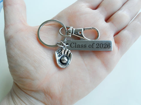 Baseball Mitt Charm Keychain with Custom Engraved Tag & Clasp, Personalized Name For Softball / Baseball Player or Coach