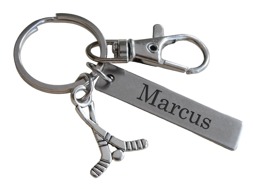 Hockey Sticks Charm Keychain with Custom Engraved Tag & Clasp, Coach, Graduate or Hockey Player Key Chain
