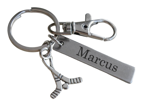 Hockey Sticks Charm Keychain with Custom Engraved Tag & Clasp, Coach, Graduate or Hockey Player Key Chain