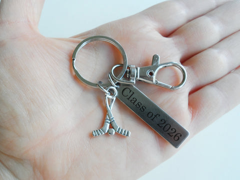 Hockey Sticks Charm Keychain with Custom Engraved Tag & Clasp, Coach, Graduate or Hockey Player Key Chain