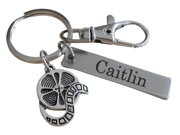 Personalized Movie Reel Charm Keychain with Custom Engraved Tag & Clasp, Gift for Videographer, Producer or Actor