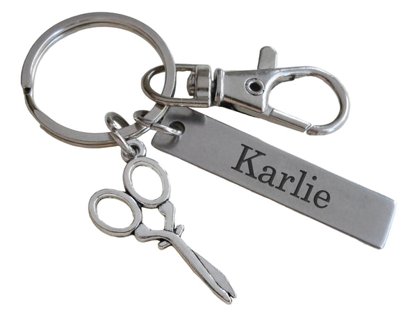 Scissors Charm Keychain with Custom Engraved Tag & Clasp, For Hair Stylist