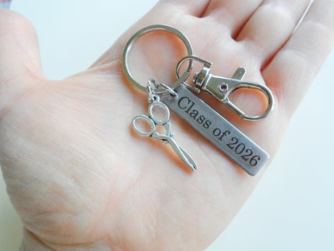 Scissors Charm Keychain with Custom Engraved Tag & Clasp, For Hair Stylist