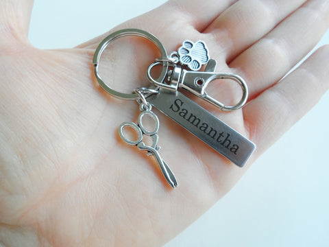 Scissors & Paw Charm Keychain with Custom Engraved Tag & Clasp, For Pet Groomer Gift