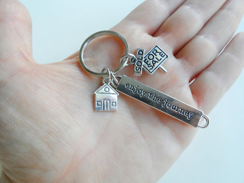 For Sale Sold Sign & House Charm Keychain with "Enjoy the Journey" Tag, Realtor or First Time Home Buyer Key Chain