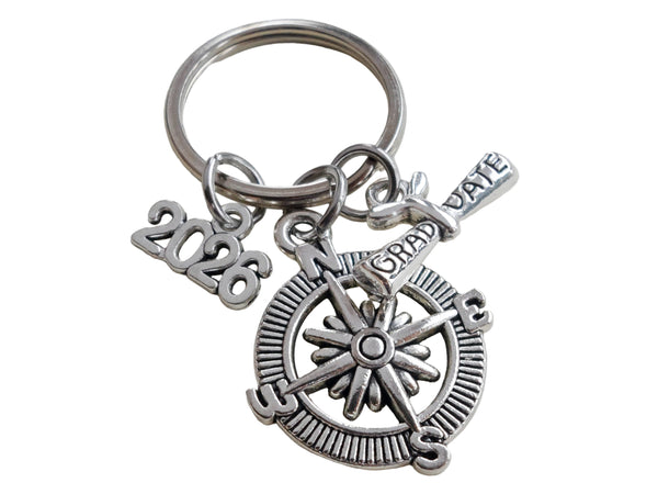 Graduate Compass Keychain with 2025 or 2026 Charm and Graduate Scroll Charm, Graduation Keychain