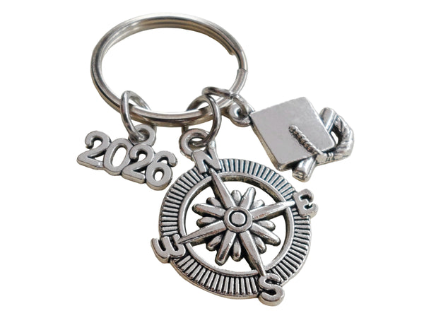Graduate Compass Keychain with Graduation Cap Charm and 2025 or 2026 Year Charm, Graduation Keychain