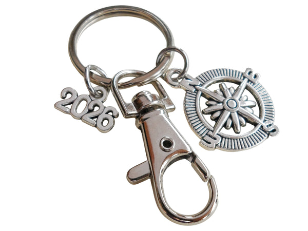 Good Luck on the Path Ahead of You Compass Charm Keychain with 2025 or 2026 Charm & Clasp, Graduation Gift Keychain