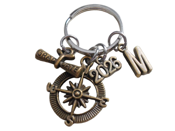 Custom Graduation Bronze Compass Charm Keychain with Graduate Scroll Charm, Class of 2025 or 2026 Personalized Graduate Keychain Gift