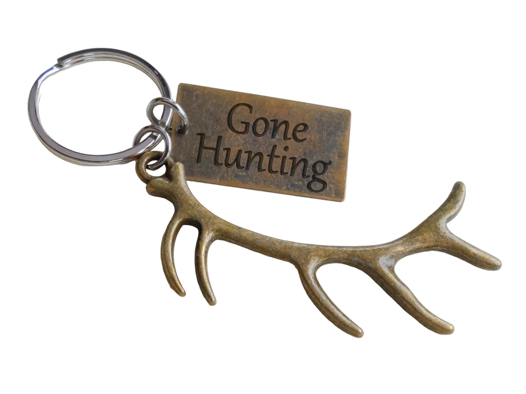 Bronze Deer Antler Charm Keychain with Gone Hunting Engraved Tag, Hunters Keychain Gift