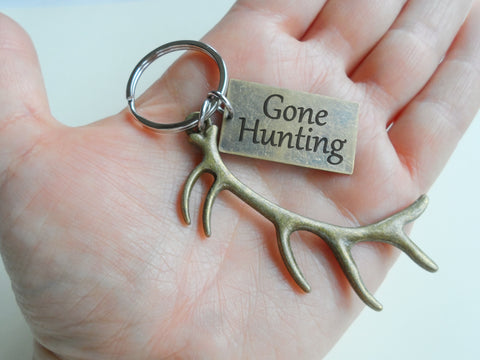 Bronze Deer Antler Charm Keychain with Gone Hunting Engraved Tag, Hunters Keychain Gift