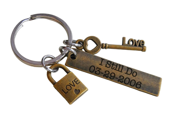 Custom Engraved Bronze Tag Keychain with Love Lock & Key Charm