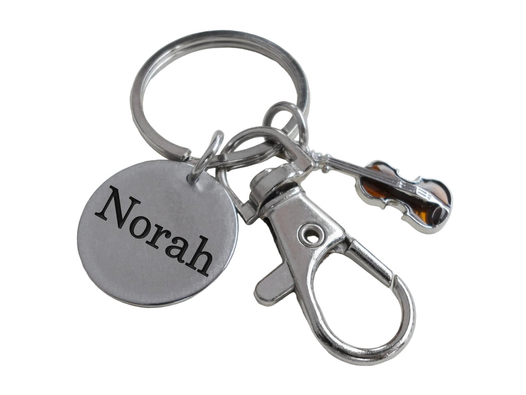 Violin / Viola Charm Keychain with Custom Engraved Disc & Clasp, Musician or Music Teacher Keychain