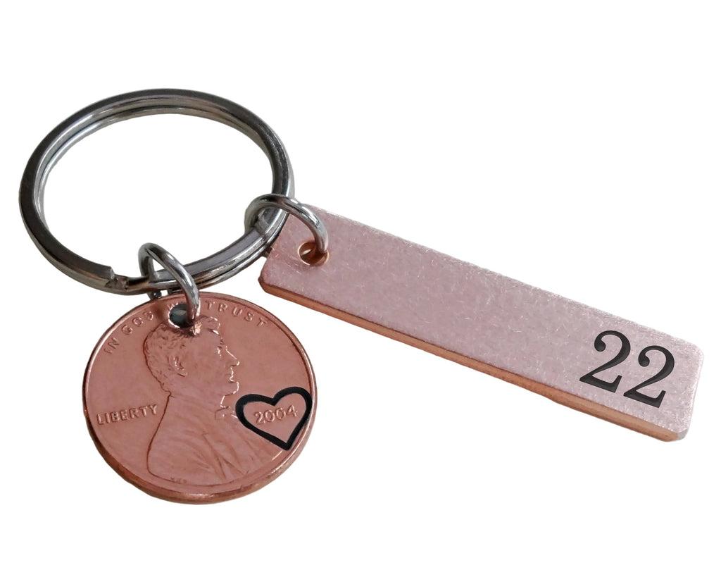 2004 Penny Keychain with Copper Tag Engraved with "22", Couples 22 Year Anniversary Gift