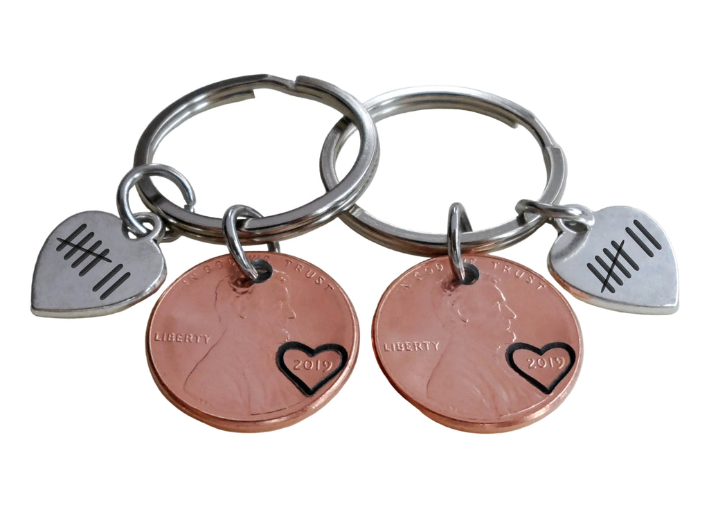 2 Keychains with 2019 Penny with Heart Tag Engraved with 7 Tally Marks, Couples Anniversary Gift, Husband Wife, Boyfriend Girlfriend Key Chain