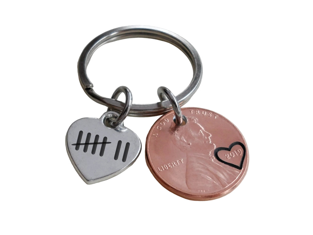 2019 Penny Keychain with Heart Tag Engraved with 7 Tally Marks, Couples Anniversary Gift