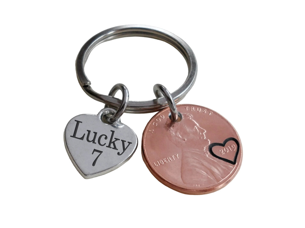 2019 Penny Keychain with Heart Tag Engraved with "Lucky 7", Couples Anniversary Gift