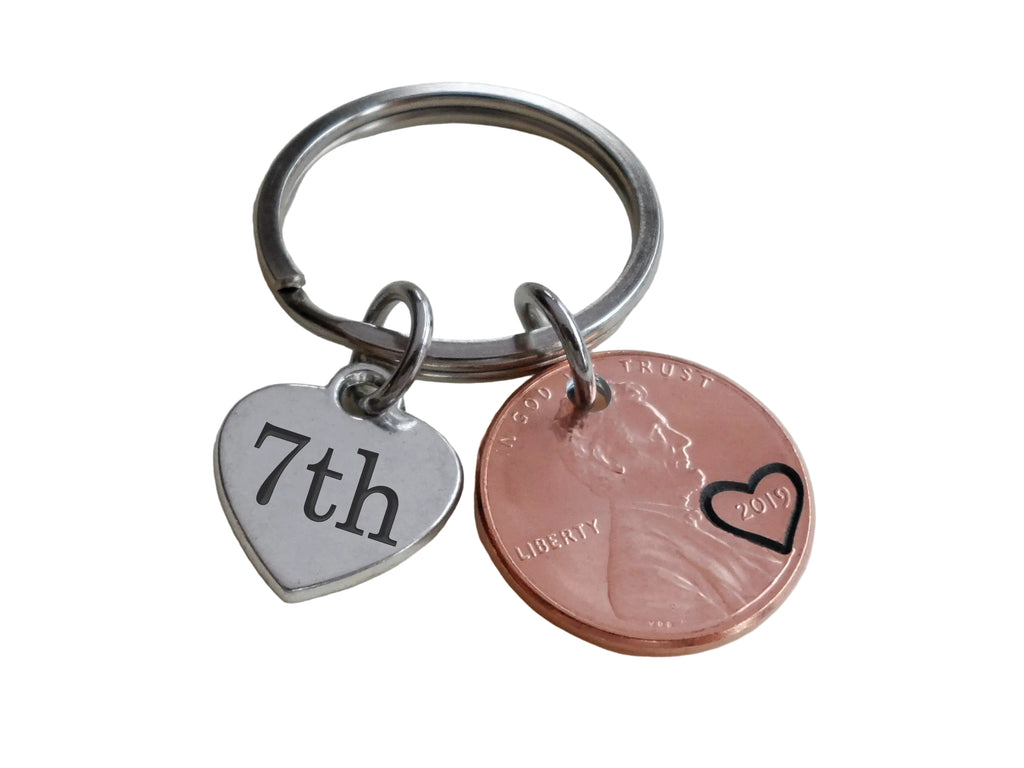 2019 Penny Keychain with Heart Tag Engraved with "7th", Couples Anniversary Gift