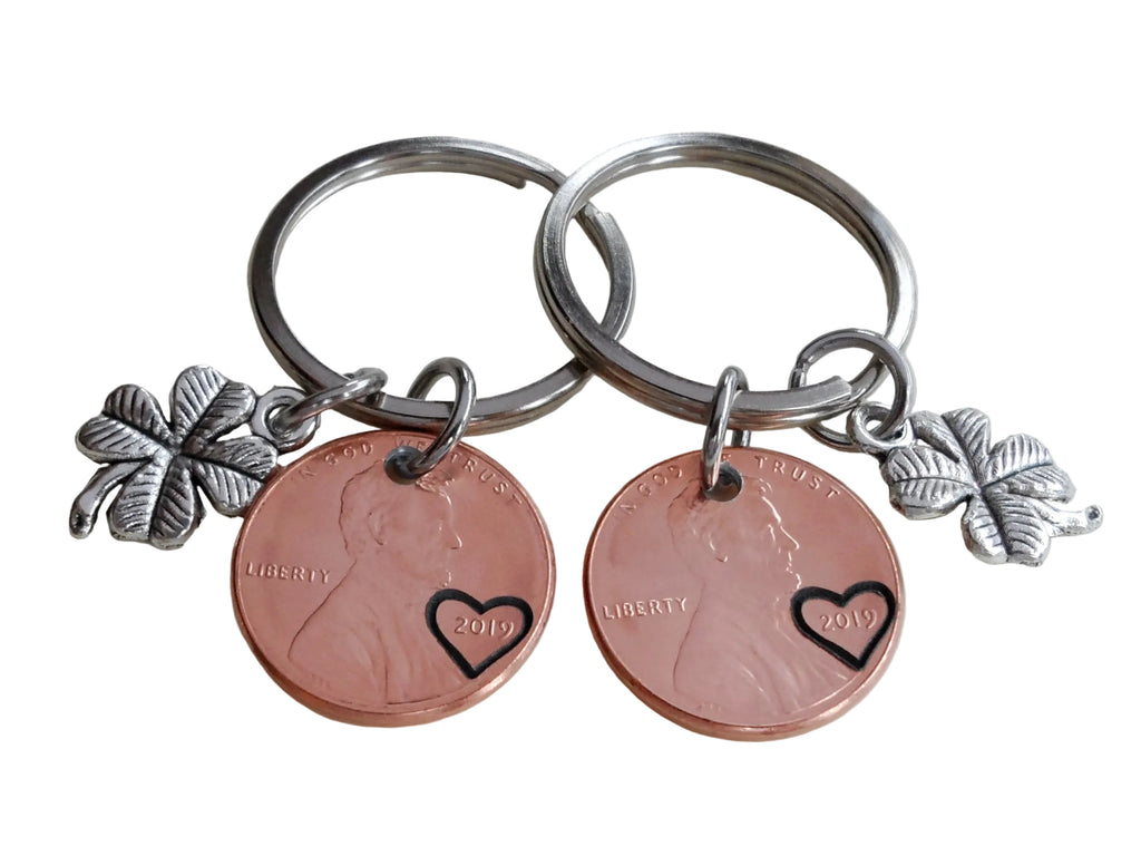 2 Keychains with Penny with Clover Charms, Couples Anniversary Gift, Husband Wife, Boyfriend Girlfriend Key Chain