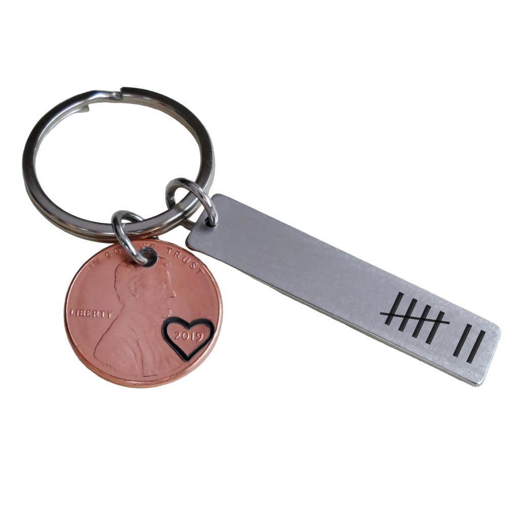 2019 Penny Keychain with Steel Tag Engraved with 7 Tally Marks, Couples Anniversary Gift