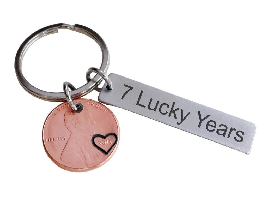 2019 Penny Keychain with Steel Tag Engraved with "7 Lucky Years", Couples 7 Year Anniversary Keychain