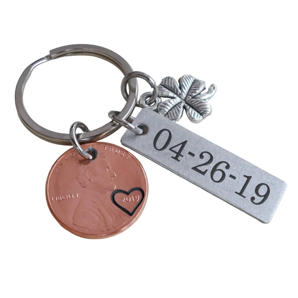 Penny Keychain with Custom Engraved Aluminum Tag & Clover Charm; Couples Anniversary Key Chain