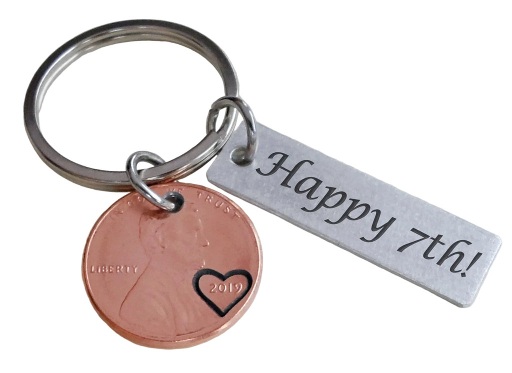 2019 US One Cent Penny Keychain with Tag Engraved with "Happy 7th"; 7 Year Anniversary Couples Key Chain