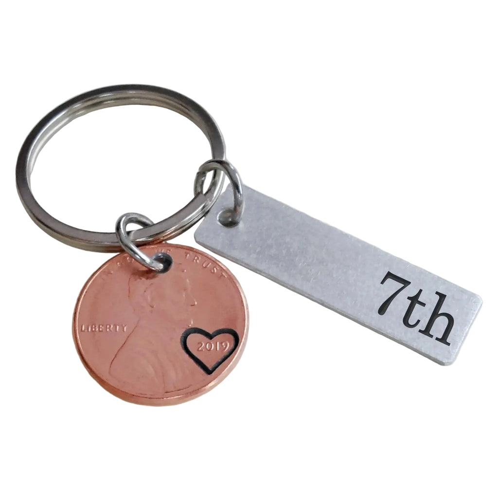 2019 US One Cent Penny Keychain with Tag Engraved with "7th"; 7 Year Anniversary Couples Key Chain