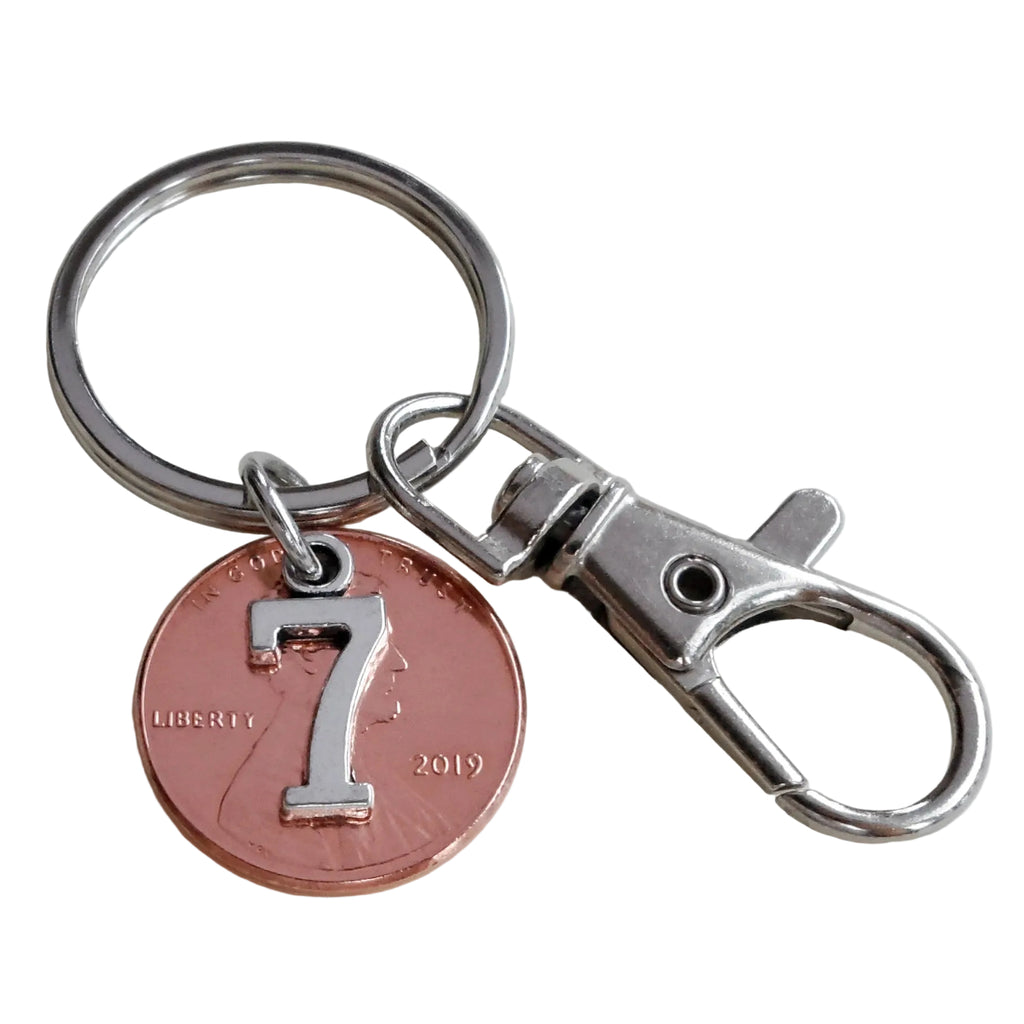 7 Year Anniversary Gift • 2019 Penny Keychain with Number 7 Charm & Clasp by Jewelry Everyday