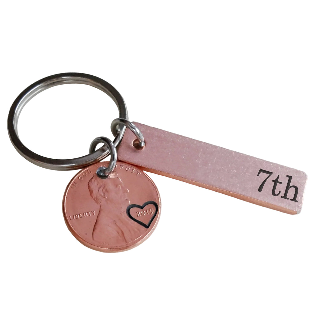 2019 US One Cent Penny Keychain with Copper Tag Engraved with "7th"; 7 Year Anniversary Couples Key Chain