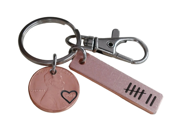 2019 Penny Keychain with Clasp & Copper Tag Engraved with 7 Tally Marks, Couples Anniversary Gift
