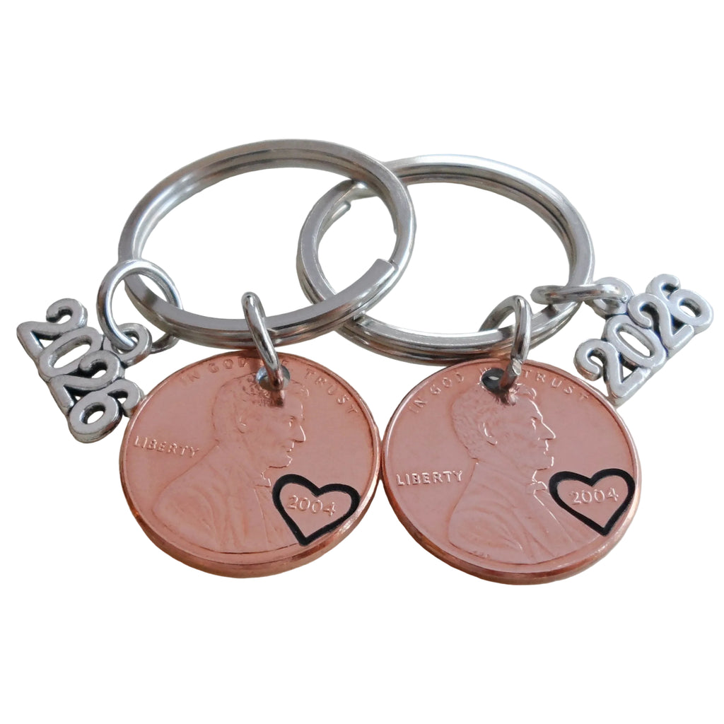 2 Custom Penny Keychains with 2026 Charms, Personalized Lucky Penny Anniversary Key Chain