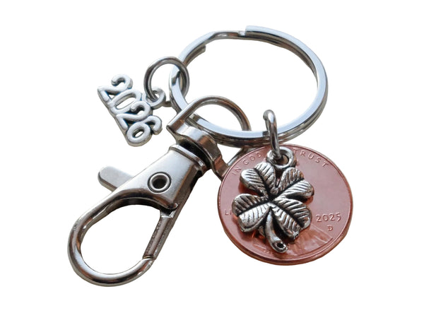 Employee Appreciation Keychain with Clover Charm Layered Over Penny with 2026 Charm & Clasp, Lucky to work with you!