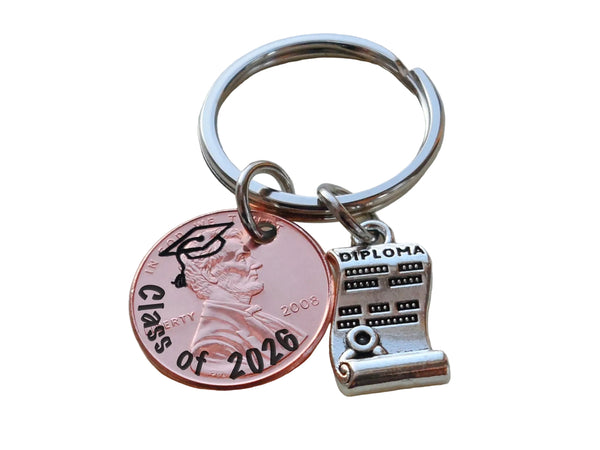 "Class Of 2026" Engraved Penny Keychain with Engraved Graduate Cap & with Diploma Charm by Jewelry Everyday
