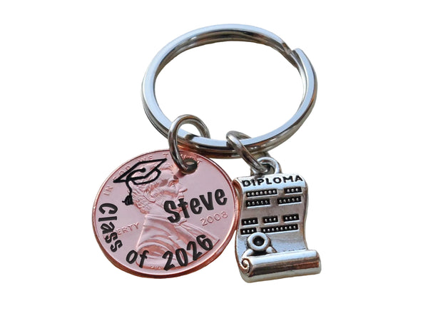 Custom Engraved Graduation Penny Keychain with Diploma Charm, "Class of 2026" Engraved Penny & Personalized with Name, Graduate Keychain