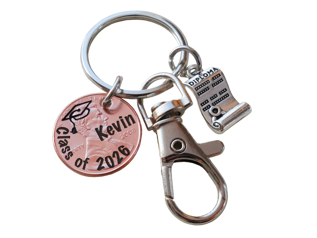 Custom "Class of 2026" Engraved Penny Keychain with Engraved Graduation Cap, Personalized Name, and with Diploma Charm and Clasp