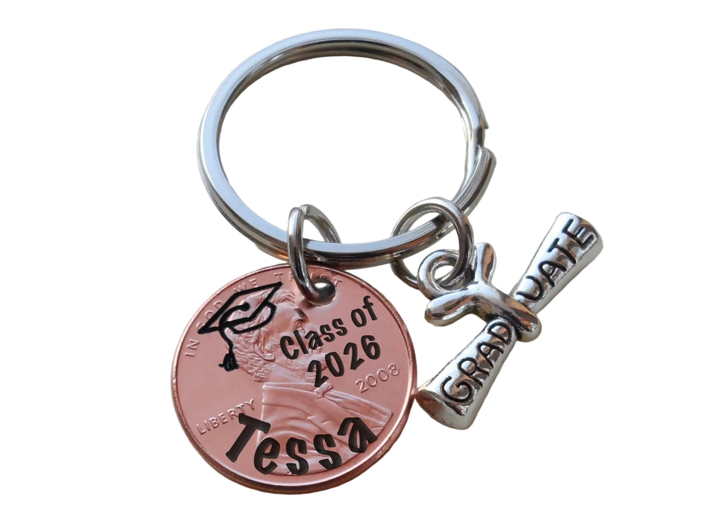 Custom Engraved "Class of 2026" and Name on Penny Keychain with Graduate Scroll Charm, Personalized Graduation Gift