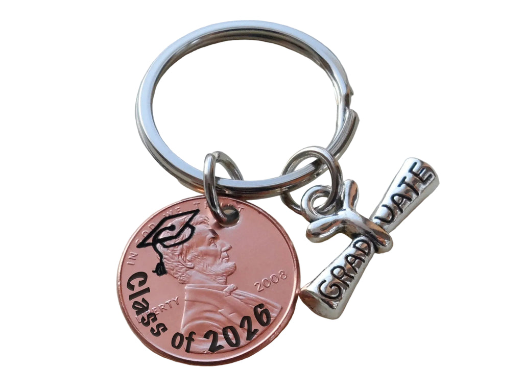 Custom Engraved "Class of 2026"Penny Keychain with Graduate Scroll Charm, Personalized Graduate Keychain, For Graduation