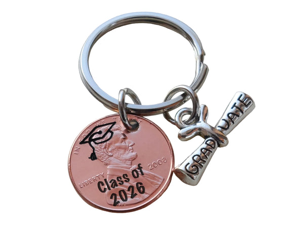 Custom Engraved Graduation Penny Keychain with "Class of 2026" Engraved & Graduate Cap & Graduate Scroll Charm, Graduate Keychain