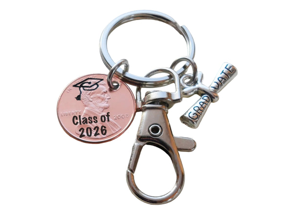 "Class Of 2026" Engraved Penny Keychain with Engraved Graduate Cap & with Graduate Scroll Charm and Clasp