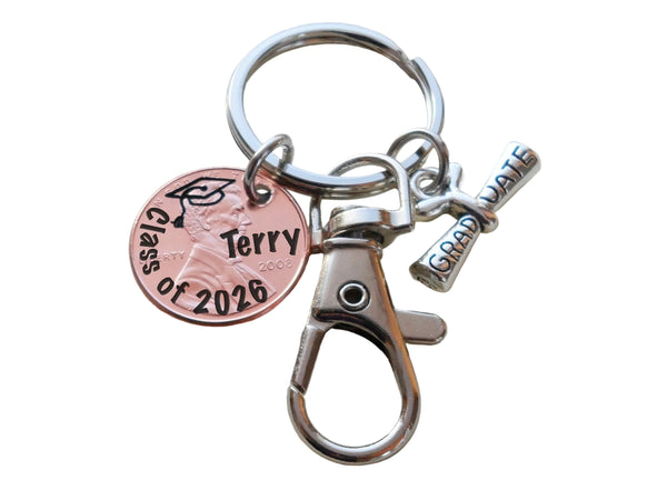 "Class Of 2026" & Cap Engraved Penny Keychain with Custom Name with Graduate Scroll Charm & Clasp; Graduation Gift