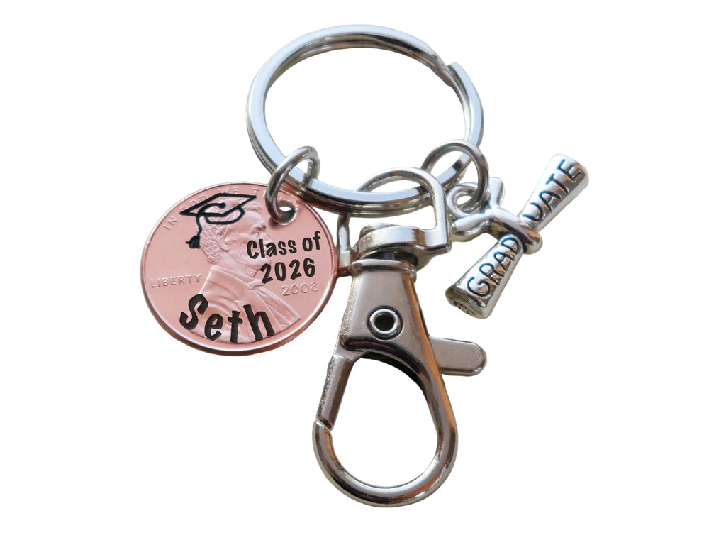 Custom Engraved Graduation Penny Keychain with Graduate Scroll Charm & Clasp, "Class of 2026" Engraved & Personalized with Name, Graduate Keychain