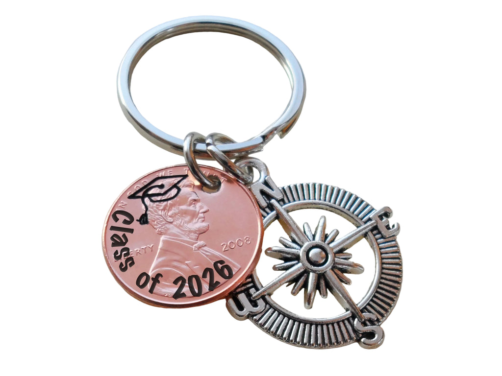 "Class of 2026" Engraved Penny Keychain with Engraved Graduate Cap & with Compass Charm by Jewelry Everyday