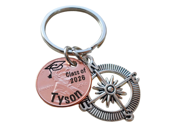 Custom Engraved "Class of 2026" and Name on Penny Keychain with Compass Charm, Personalized Graduate Keychain For Graduation