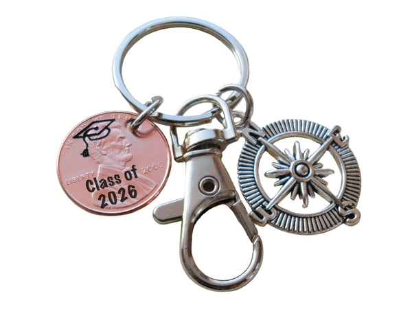 Custom Engraved Graduation Penny Keychain with Engraved Graduate Cap & "Class of 2026" with Compass Charm & Clasp