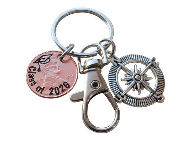 "Class of 2026"  Engraved Graduation Penny Keychain with Engraved Graduate Cap with Compass Charm & Clasp