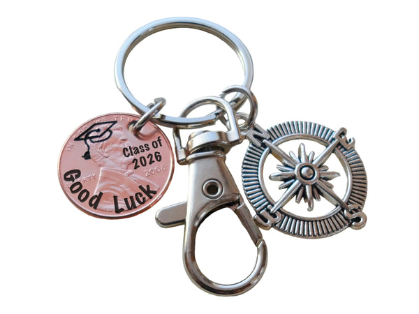 "Class Of 2026" & "Good Luck" Engraved Penny Keychain with Engraved Graduate Cap & with Compass Charm & Clasp by Jewelry Everyday