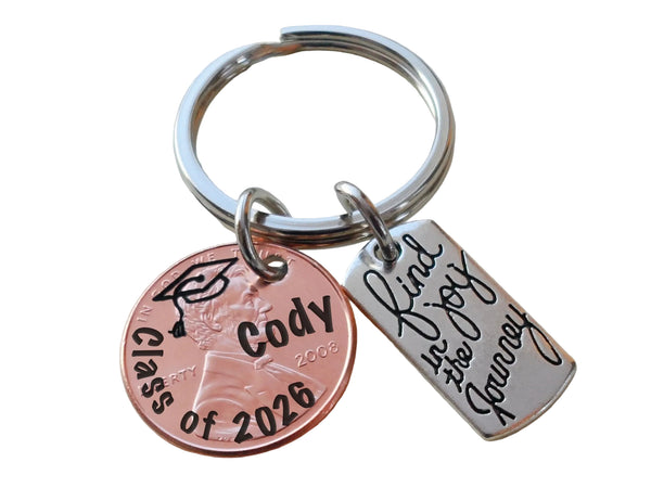Custom Engraved Graduation Penny Keychain with Engraved "Class of 2026" and Personalized Name, & Find Joy in the Journey Charm, Graduate Keychain